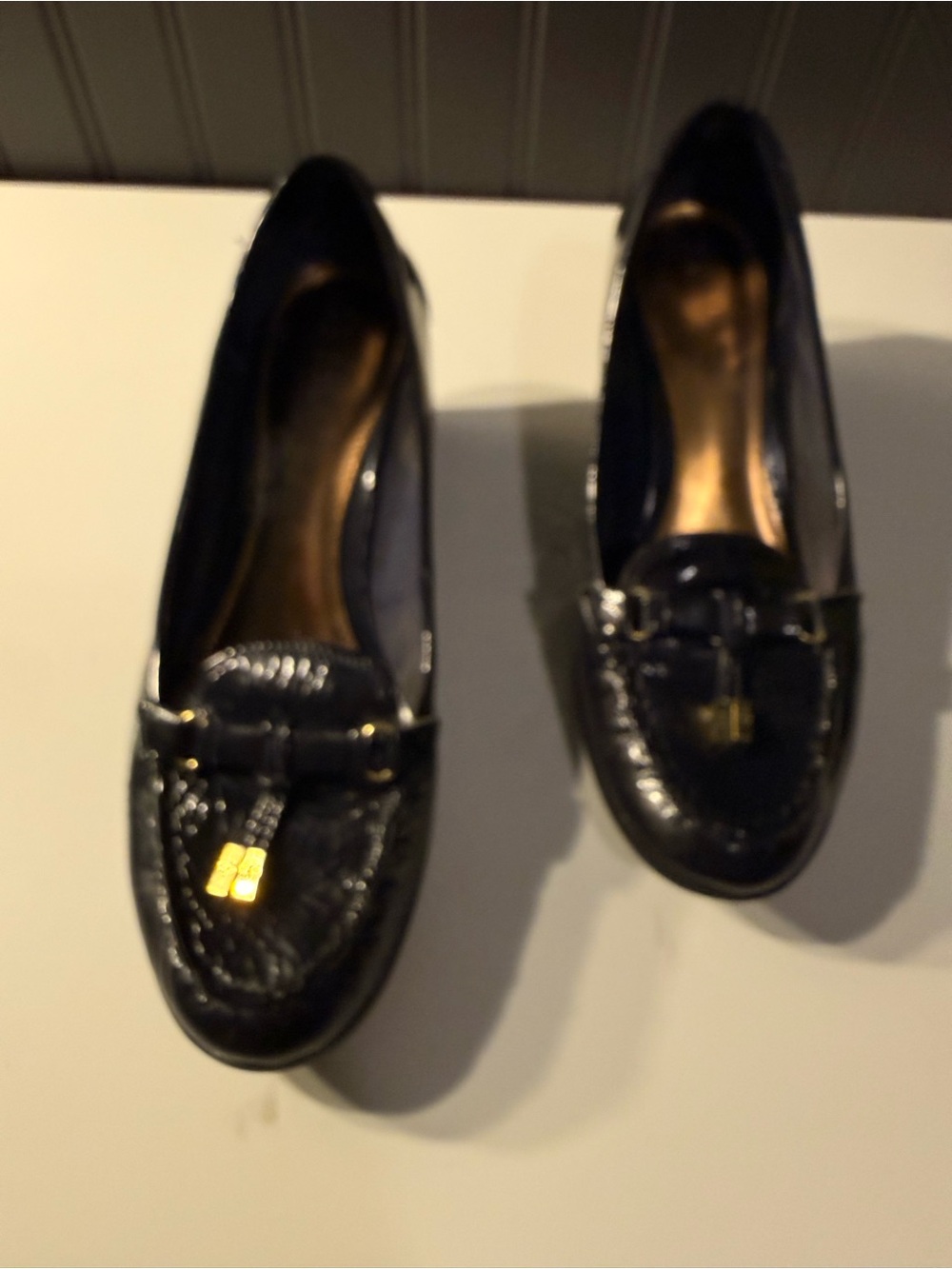 Lauren Ralph Lauren  navy  Patent Leather wedge Loafers with Gold Hardware